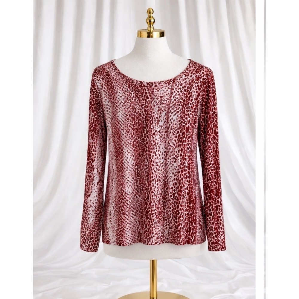 Belle by Kim Gravel Pullover Tee Top Long Sleeve Brown Pink Animal Print Size XL